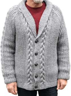Gray Mens Cardigan, Hand knitted Mens Overcoat, Cable Stitch Shawl Collar, Men&#39;s Gift, Wool Waistcoat, Ribbed Edge Sweater, Mens Cosy Jacket