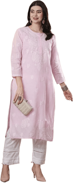 Ada Women&#39;s Trendy Hand Embroidered Indian Chikankari Cotton Blend Kurta Kurti Tunic Dress for Summer/Casual/Office Wear