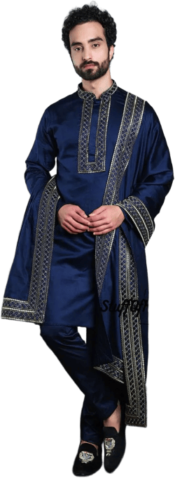 Indian Royal Blue Silk Satin Kurta Set With Zari Embroidery Duppta 3 Pieces Wedding Dress For Men SOK MEN&#39;S Festive  Kurta Pyjama Sherwani