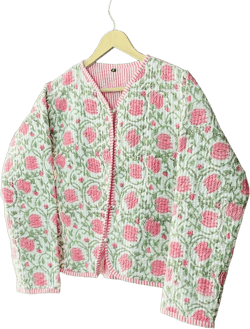 Indian Cotton Quilted Jackets Vintage pink Floral Printed Jacket full sleeves/ Button Closer Coat Jacket for Women Bohe Short Kimono Jackets