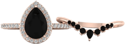 Pear shaped Black Onyx Engagement Ring Rose Gold Halo Unique Black Stone Engagement Ring Set For Women Wedding Bridal Promise Ring For Her