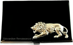 Prowling Lion Business Card Holder Safari Inspired Inlaid in Hand Painted Black Enamel Metal Card Case Custom Color and Personalized Options