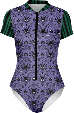 Haunted Mansion Wallpaper Women&#39;s Short Sleeve Rashguard Bodysuit Swimsuit | Disney Haunted Mansion | Disney Waterpark