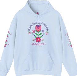 Tulip Blossom hoodie featuring Ojibwe floral design with the Anishinaabemowin word for flowers: Native Owned, Modern Indigenous Clothing
