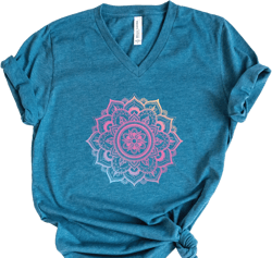 Mandala V-Neck Shirt, Cute Spring Shirt, Mandala Graphic T-Shirt,  Boho Shirt For Women, Floral Mandala Shirt, Lotus Shirt, Yoga T-Shirt