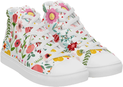 Women’s High Top Flowered White Canvas Sneakers, Colorful Shoes, Sporty, Gym, Stylish, Cheerful, Travel, Comfort, Cruise, Durable, Unique