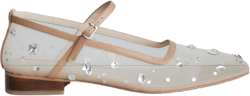 Beige Mesh Mary Janes with Crystals Embroidery and Square Closed Toe, Fishnet Ballet Shoes, Transparent Women Barefoot Flat Shoes