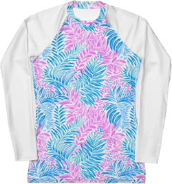 Womens Rash Guard Swim Top Tropical Floral Print Long Sleeve Swim Shirt Girls Surf Shirt for Ladies Swimsuit for Surfing Beach Vacation