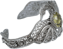 925 Sterling Silver Filigree Art Women Cuff Bracelet, Double Swan Figured Solid Silver Blue Topaz, Lemon Quartz Black Onyx Gemstone Bracelet