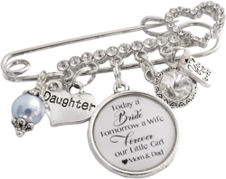 Crystal Diamond Engraved Bridal Pin, Bridal Bouquet Charm, Bling Boutonniere Charm, For Bride from Mom and Dad -Six pence, Daughter Gift