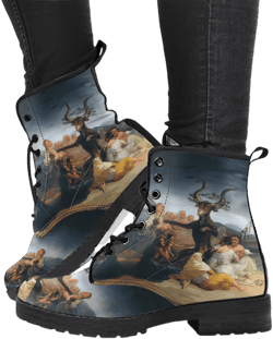 The Witches Sabbath by Francisco de Goya Leather Boots, Custom Shoes Women Combat Boots Casual Shoes