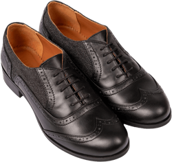 Leeds - Women&#39;s black oxfords shoes, wingtip brogues with tweed canvas, smart and comfortable dress shoes, fully handmade and customizable