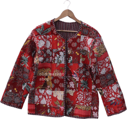 Jackets quilted Kantha Vintage Patchwork Jackets Handmade Coat kimono jackets for girls women winyer jacket indigo Red cotton sari patch