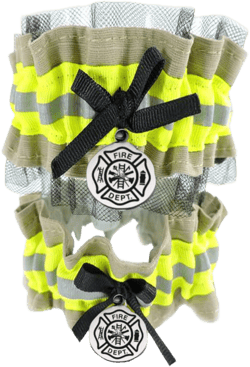 Firefighter wedding garter set, one with tulle, toss garter without tulle, firefighter wife, Personalized Bride garter, Tan Bunker Gear Look