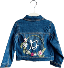 Hand-embroidered baby & toddler girl jean jacket (floral initial, monogram, personalized name)