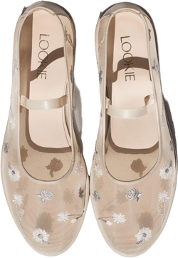 Beige Mesh Flats with Floral Embroidery and Arch Strap, Fishnet Ballet Shoes with Genuine Leather Insole, Sheer Slip On Women Flat Shoes
