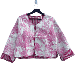 Cotton Quilted Jacket Women Wear Front Open Kimono Stripe piping HandMade Vintage Quilted Jacket , Coats , New Style, Boho double side wear