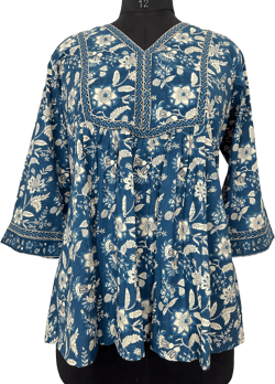 Blue & Red Floral Printed Empire Top - Short Kurta Women - Summer Kurtis - Tops Tees T-shirt - Plus Size Boho Tops - Pure Cotton Tunic Tops