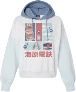 Sea Spirit Railway Station Women&#39;s Colorblock Crop Hoodie, Kawaii Hooded Sweatshirt, Cute Anime Fashion Hoodie