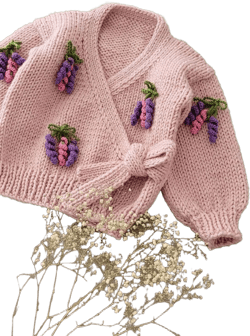 Hand-Knitted Baby Cardigan, Lavender Motifs, Perfect Gift for Baby Showers,Unique Wrap Sweater,Soft Pink Baby Wrap Cardigan,Baby Shower Gift