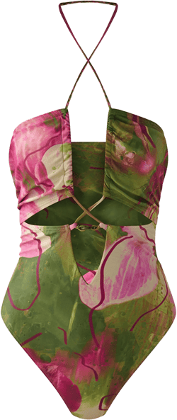 Olive Orchid Print Halter Neck Cut Out Swimsuit