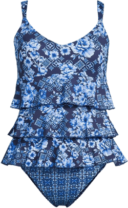 Lands' End Women's Plus Size Ruffle Fauxkini One Piece Swimsuit - 22W - Navy Mosaic Floral/Tile Mix