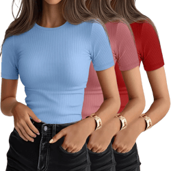 Ficerd 3 Pack Women's Ribbed T-Shirts, Cotton Short Sleeve Basic Tees Crewneck Fitted Tops Casual Shirts 2025 Summer Trendy at Amazon Women’s Clothing store