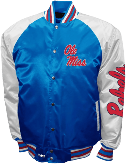 2Bhip NCAA Ole Miss Rebels Adult Blue & White Vintage Style Lightweight Satin Bomber Varsity Jacket