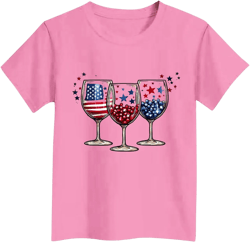 4th of July T Shirt Girls Wine Glass Graphic Tees Shirts Summer Short Sleeve Patriotic Tshirts Tops 2025 Little Girls 11-13 Years Pink