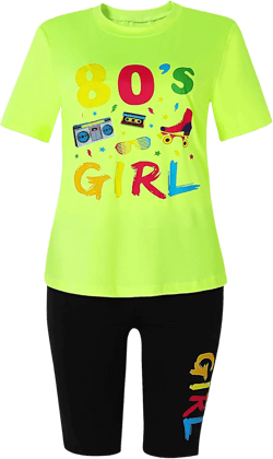 80s Outfit for Women,80s Girl Letter Short Sleeve Top and Shorts Cosplay Costume Set