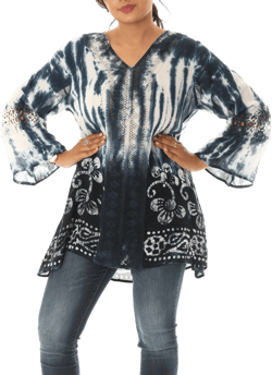 Women&#39;s Plus Ombre Tie-dye Floral Batik Print Long Sleeves V-neck Tunic Top, Plus Size Tie-dye Tunic Top, Casual Summer Fall Spring Wear