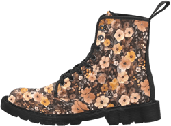Amber Brown Floral Women Canvas Boots, Fall Autumn Flowers Watercolor Vegan Lace Up Shoes Print Black Ankle Combat Casual Ladies Female