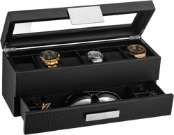 Personalized Watch Box w/ Valet Drawer for Men, 6 Slot, Monogrammed Case, Mens Watch Box , Gifts for him, Engraved Glass lid or Plate, Black