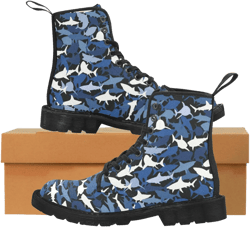 Shark Camo Printed Canvas Boots Women, All Over Print Nautical Streetwear High Top Boots, Marine Life Lace-Up Boot, Shark Lover Gift For Her