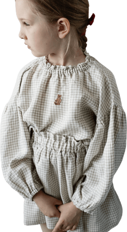 Cream Gingham Parachute Linen Tunic, Different Embroideries, Linen Shirt for Girls, Long Sleeve Linen Tunic, Girl Linen Top, Baby Shirt