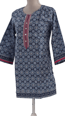 Tunic Dark Blue Ethnic Print Pure Cotton Short Tunic  Kurta for Women Casual wear Workwear Formals Indo Western woman Summer Indian Top