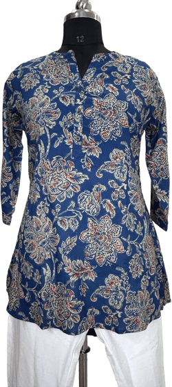 Kurtis for women - Indian Tunic - Short Kurta Dress - Blue /Black Printed Cotton Straight Kurti - Indian Dress - Summer Top and Tees Blouses
