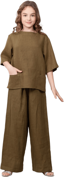 Khaki Kids Top. Girls Pocket Top. Kids Linen Clothes. Simple Kids Tunic. 100% Pure Linen (Italy).
