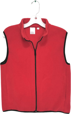 Red fleece vest for men or women handmade from thick plushy fleece from Polartec LLC.  Inside zip pocket. Unisex sizes XS to XXL.