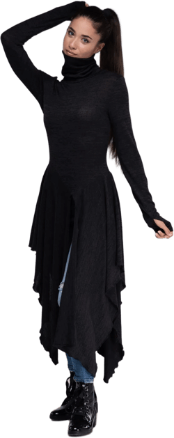 Black Long Asymmetrical Tunic, Turtleneck Tunic Sweater Women, High Low Tunic with Thumb Hole Sleeve
