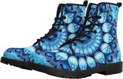 Blue Mandala Women Leather Boots, Boho Bohemian Vegan Lace Up Shoes Hiking Festival Black Ankle Combat Work Winter Waterproof Custom Ladies