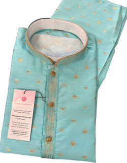 Designers Sea Green with tint of Blue  Silk Men Kurta Pajama Set with Zari Weave | Mens Ethnic Wedding Wear | Indian Wedding Men Outfit