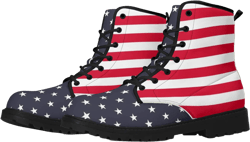 American Flag Women Leather Boots, Stars Stripes USA Red White Blue Patriotic Lace Up Shoes Festival Black Ankle Combat Work Ladies Vegan