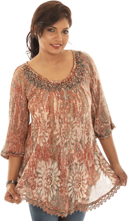 Women&#39;s Rust Embroidered Tie-Dye Batik Print 3/4 Sleeves Tunic, Boho Tie-Dye Top, Plus Size Top Tunic, Spring Summer Fall Casual Wear