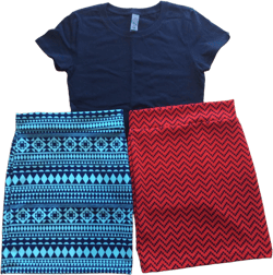 SETS, 2 Skirts and 1 Shirt, 1 Navy Shirt, 1 Textured Red with Navy Dot Chevron Pencil Skirt, 1 Navy Teal Geo Pencil Skirt