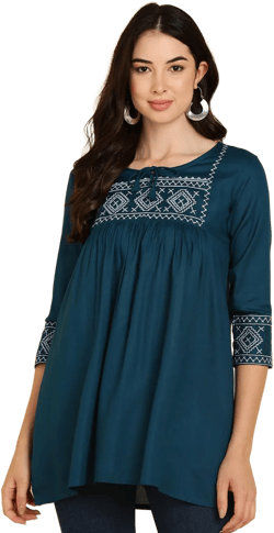 Blue Tops & Tunics for Women | White Embroidered Tie-Up Neck Tunic | Knee length,3/4th sleeve, Formal shirt top, gift for her,