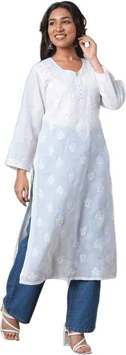 Ada Indian Chikankari Handmade Designer Women Cotton Kurta Kurti Ethnic Wear Top Tunic Shirt Knee Length Dress Plus Size FREE SHIPPING