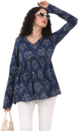Handmade Cotton Floral Top for Women, V-Neck Peplum Blouse with Gathers, Designer Boho Ethnic Block Print Tunic Shirt for Summer For Her