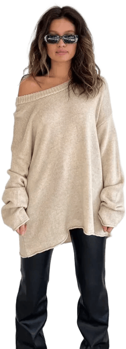 Beige Knit pullover sweater for women, long oversized sweater for women, Cotton knit sweater womens, knit one shoulder Pullover Sweater