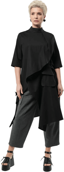 Asymmetric Tunic Shirt / Black Tunic Top With Draping / Long Cotton Blouse With  Front METSh0002